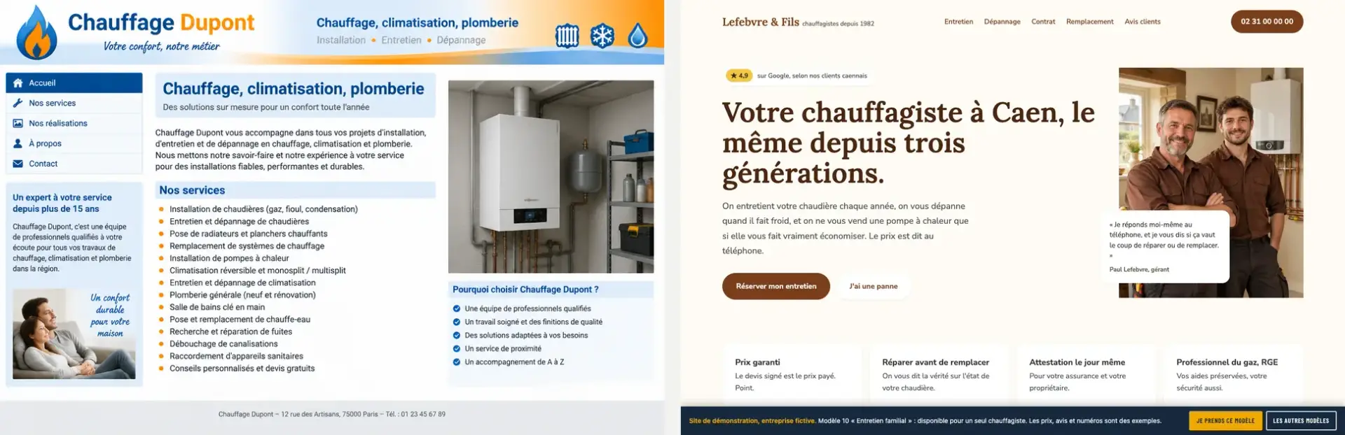 Comparatif : site de chauffagiste classique à gauche, site de chauffagiste Au Niveau à droite