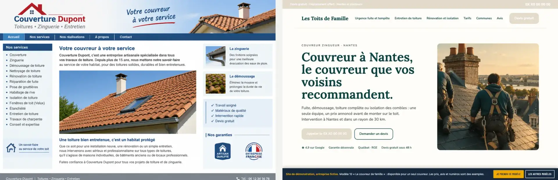 Comparatif : site de couvreur classique à gauche, site de couvreur Au Niveau à droite