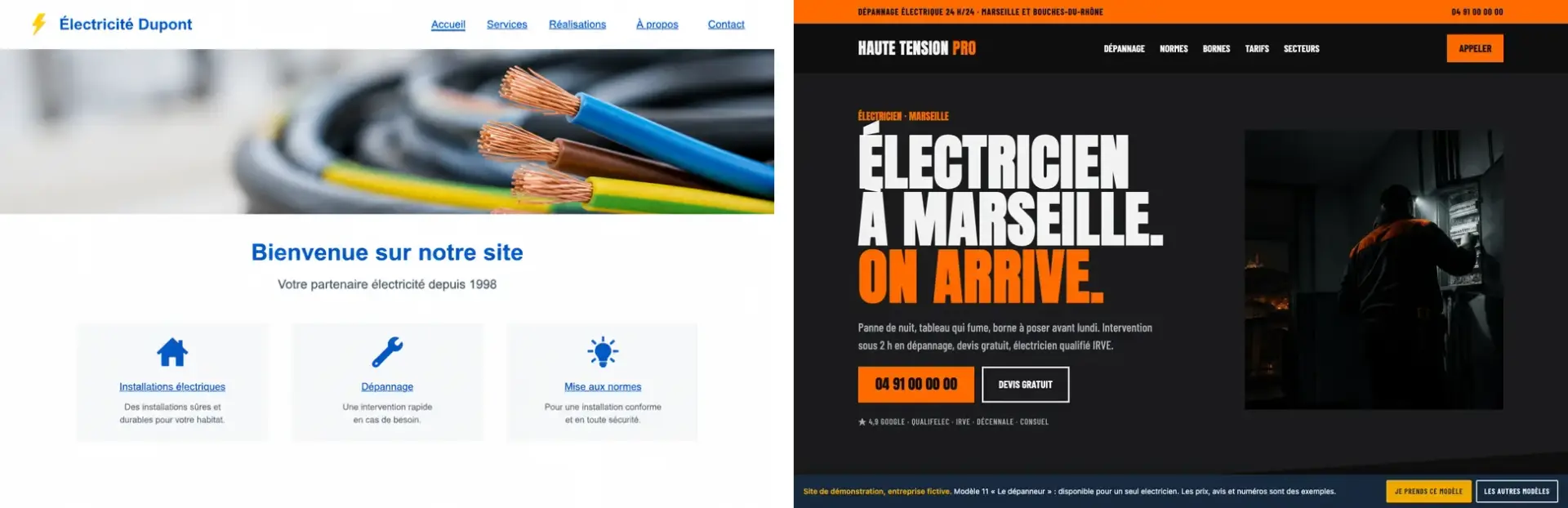 Comparatif : site d'électricien classique à gauche, site d'électricien Au Niveau à droite