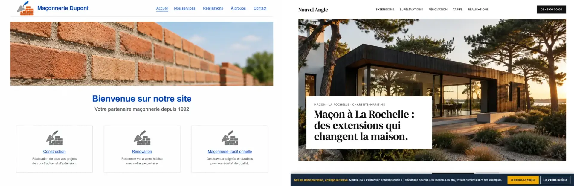Comparatif : site de maçon classique à gauche, site de maçon Au Niveau à droite