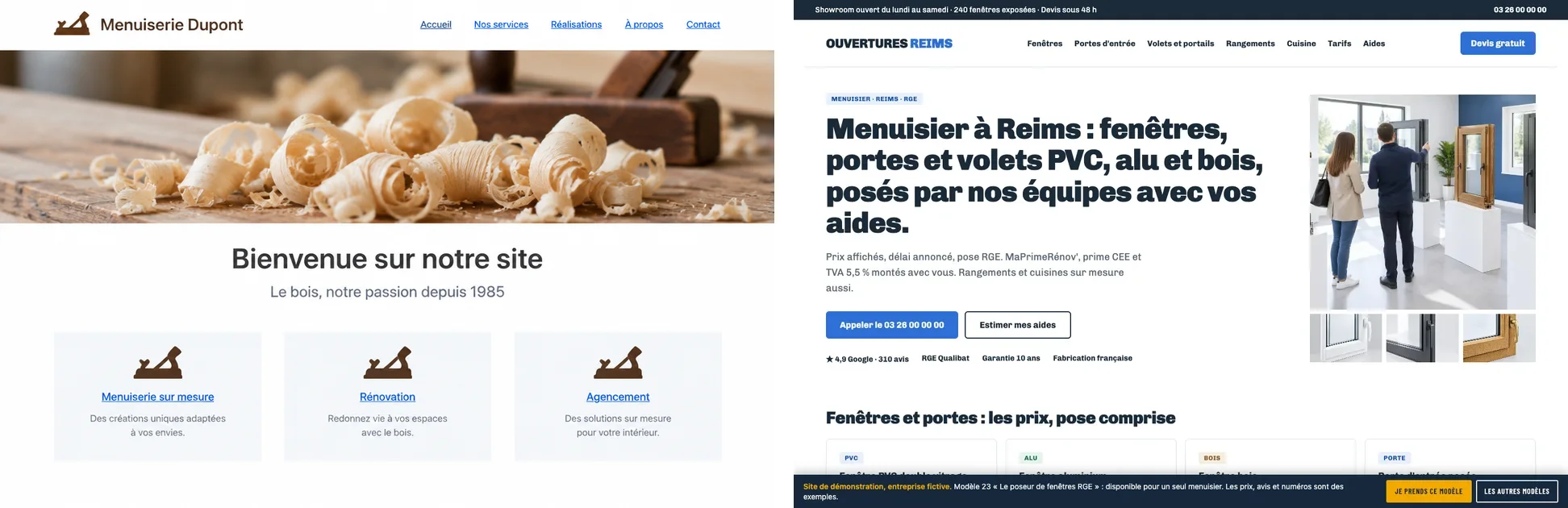 Comparatif : site de menuisier classique à gauche, site de menuisier Au Niveau à droite