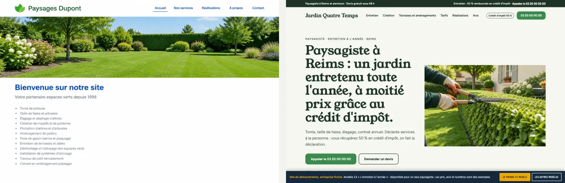 Comparatif : site de paysagiste classique à gauche, site de paysagiste Au Niveau à droite