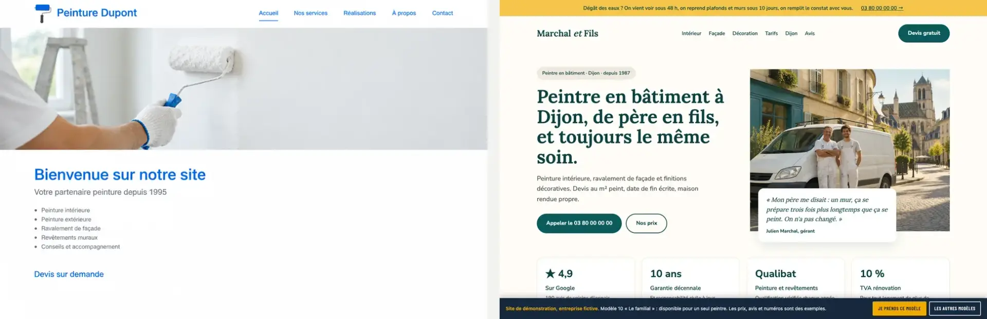 Comparatif : site de peintre classique à gauche, site de peintre Au Niveau à droite