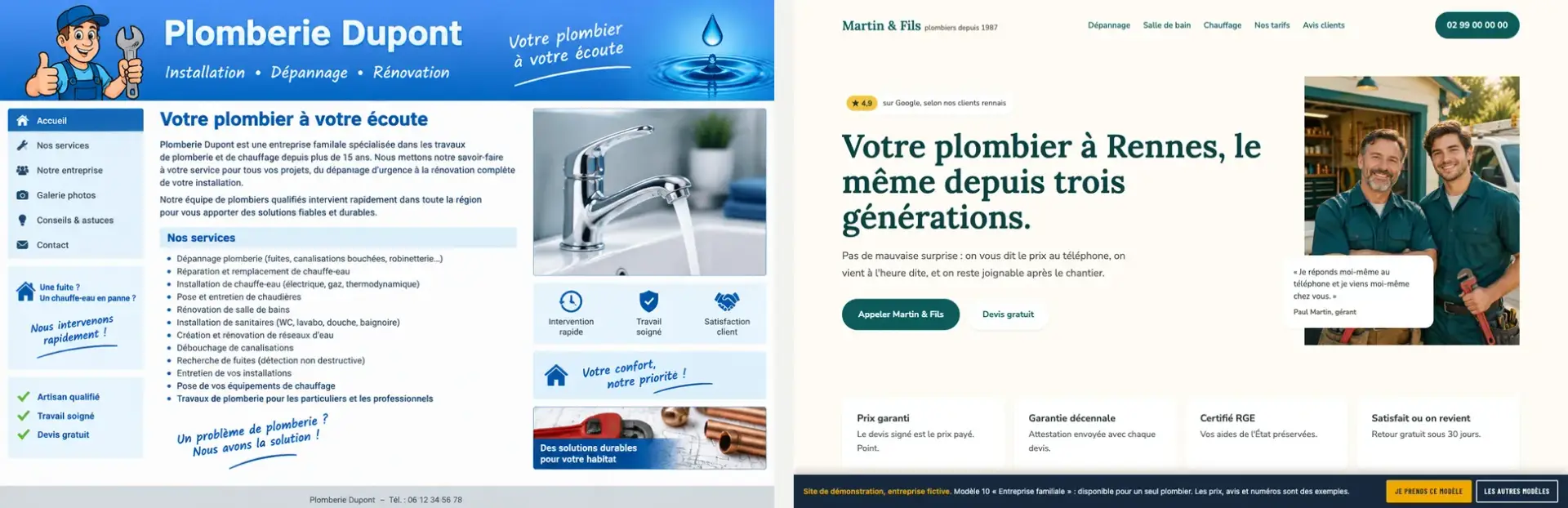 Comparatif : site de plombier classique à gauche, site de plombier Au Niveau à droite