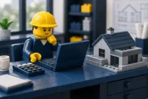 Maçon en briques devant un ordinateur et une calculatrice