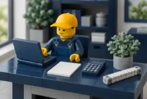 Paysagiste en briques devant un ordinateur et une calculatrice