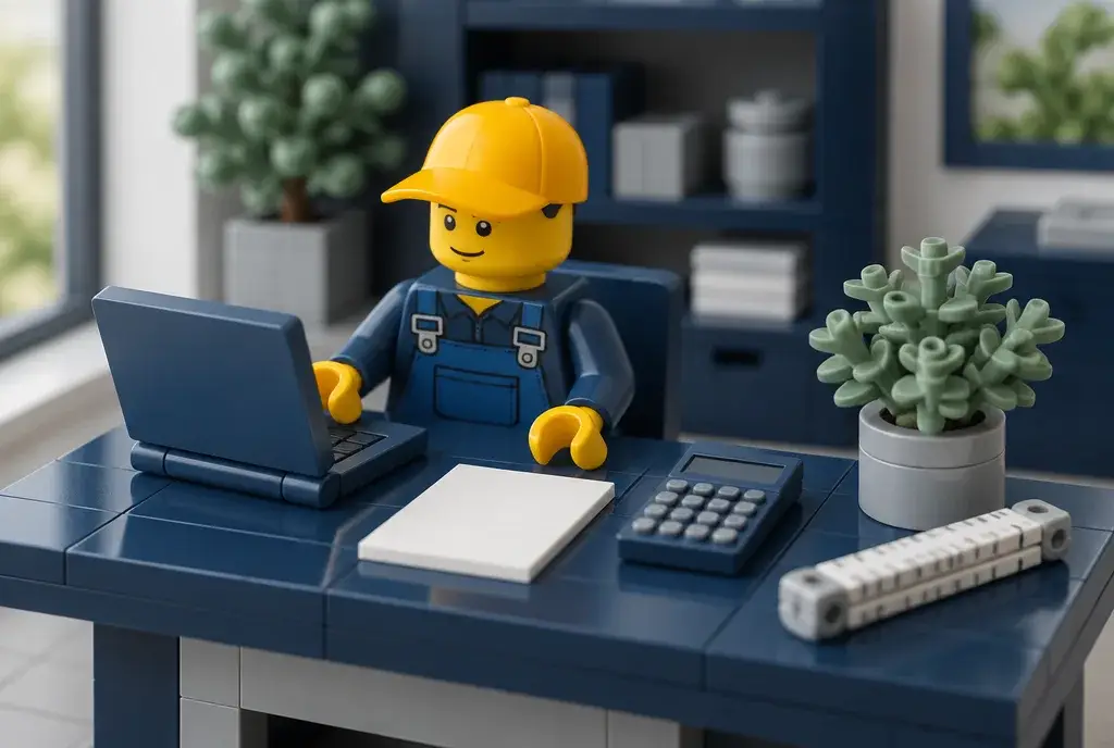Paysagiste en briques devant un ordinateur et une calculatrice
