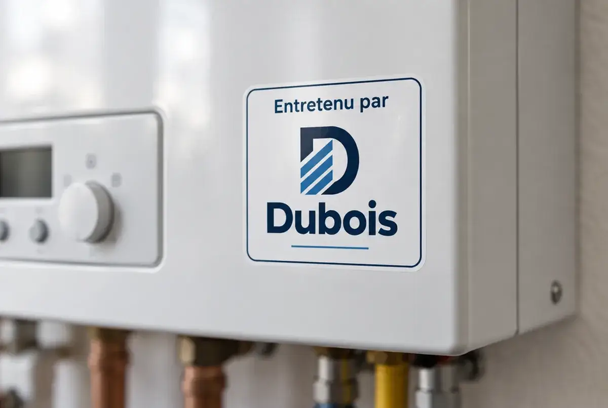 Logo de chauffagiste pour station technique d'entretien et de dépannage, sur autocollant de chaudière