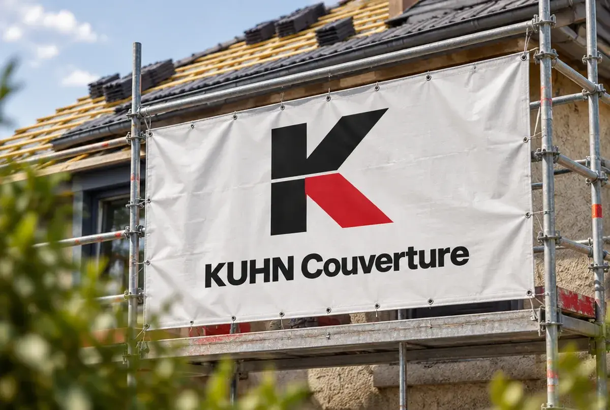 Logo de couvreur pour couvreur direct, grille de prix affichée, sur camion