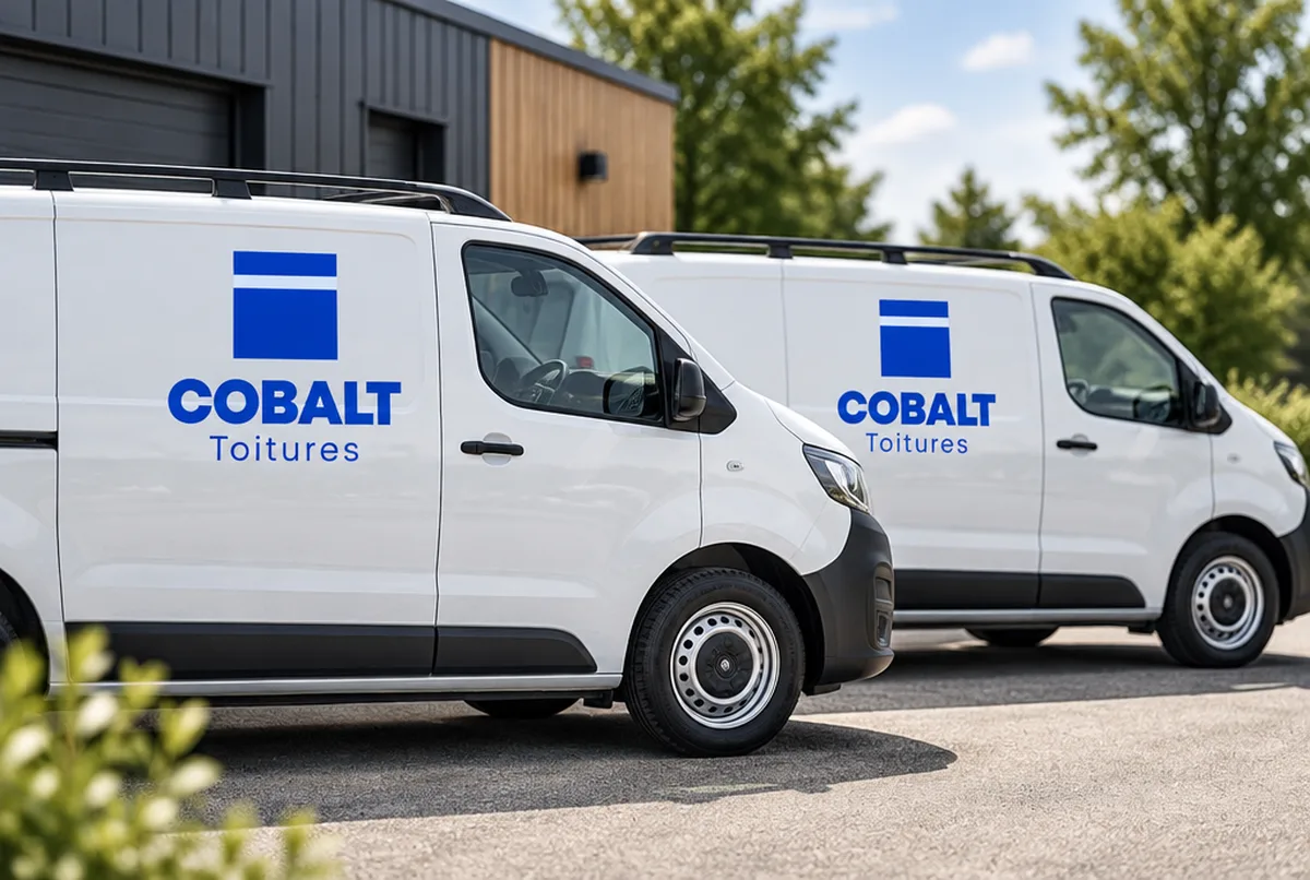 Logo de couvreur pour entreprise structurée avec plusieurs équipes, sur flotte de camions