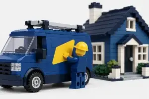 Couvreur en briques posant un logo sur son camion