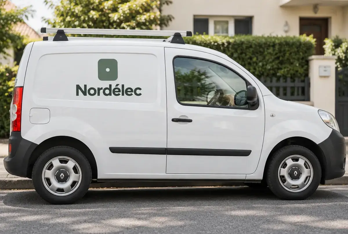 Logo d'électricien pour l'électricien des maisons familiales, sur camionnette