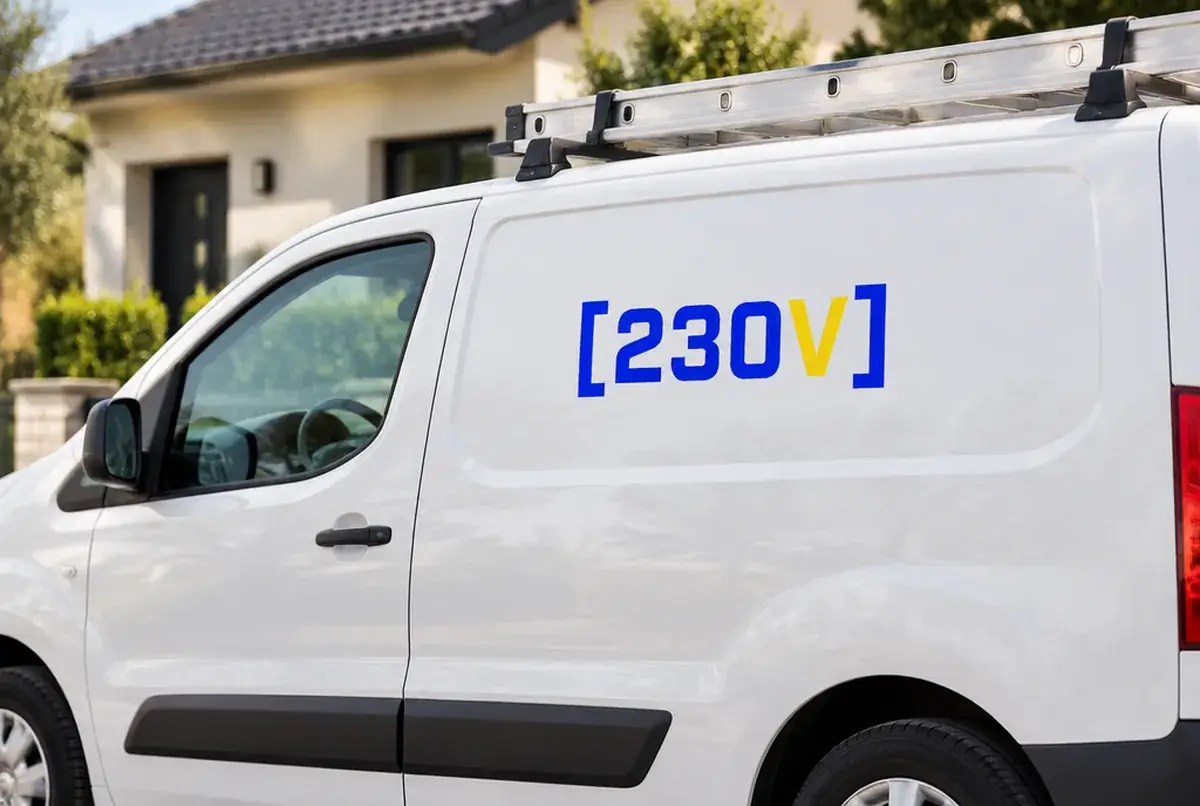 Logo d'électricien pour l'entreprise sans fioritures qui écrit ses prix, sur camionnette