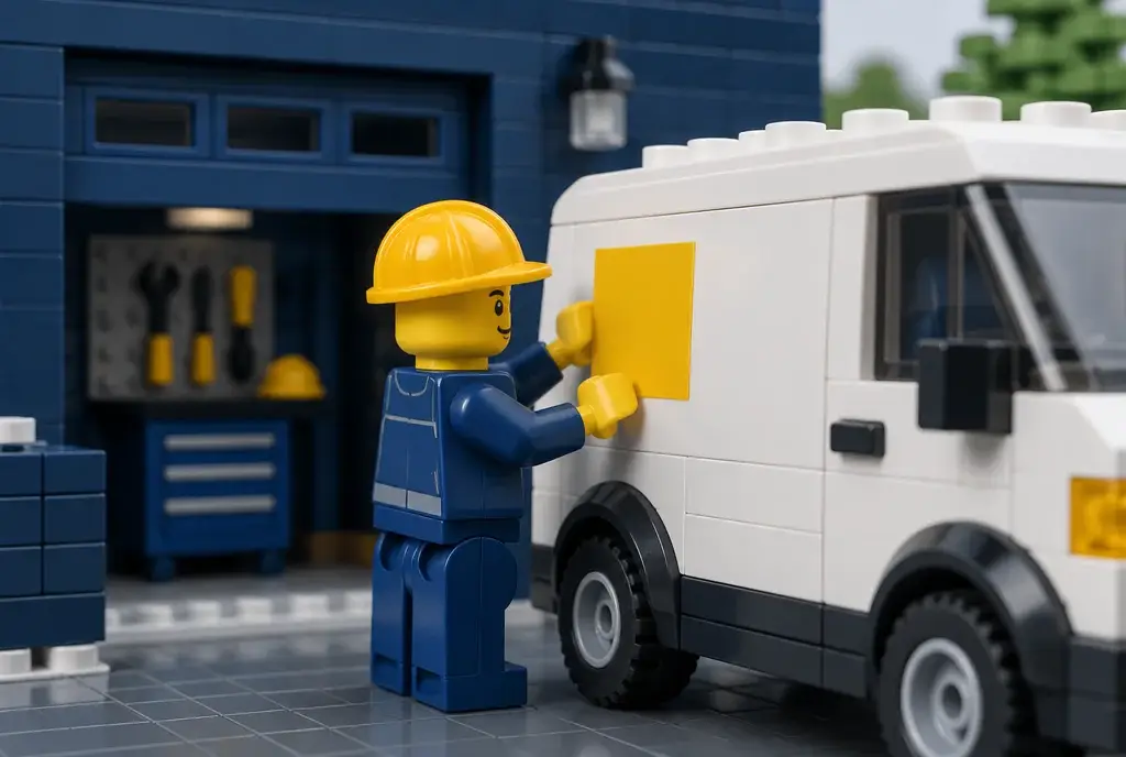 Électricien en briques posant un emblème sur son camion