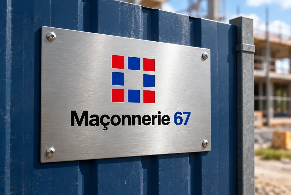 Logo de maçon pour l'entreprise structurée qui prend les gros projets, sur panneau de chantier