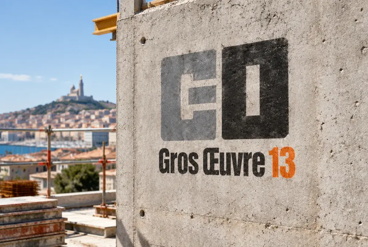 Logo de maçon pour le gros œuvre lourd avec équipe et engins, sur flanc de camion-benne