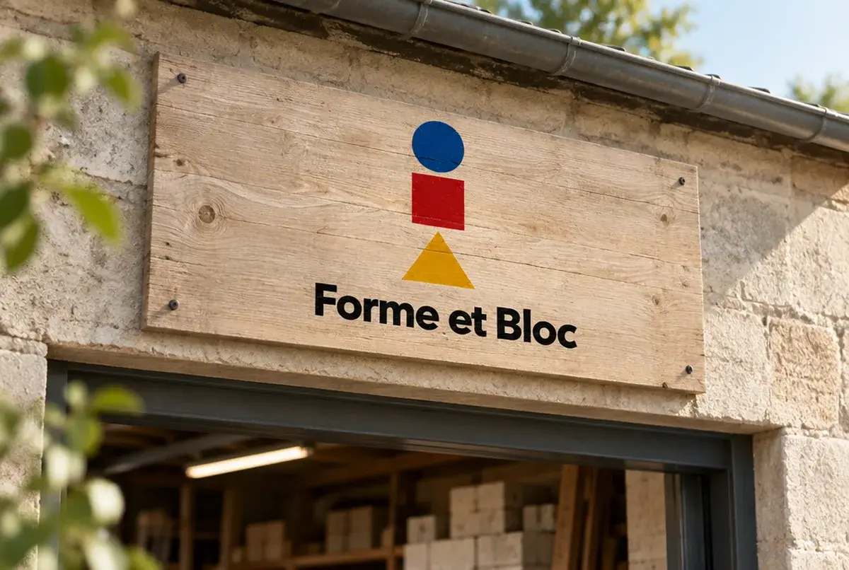 Logo de maçon pour le constructeur d'extensions à toit plat, géométrique, sur panneau de chantier