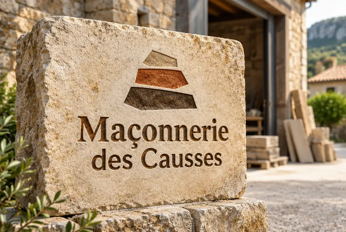 Logo de maçon pour le maçon de la pierre de pays et de la pierre sèche, sur plaque bois
