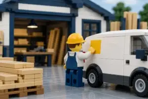 Menuisier en briques posant un emblème sur son camion devant l'atelier