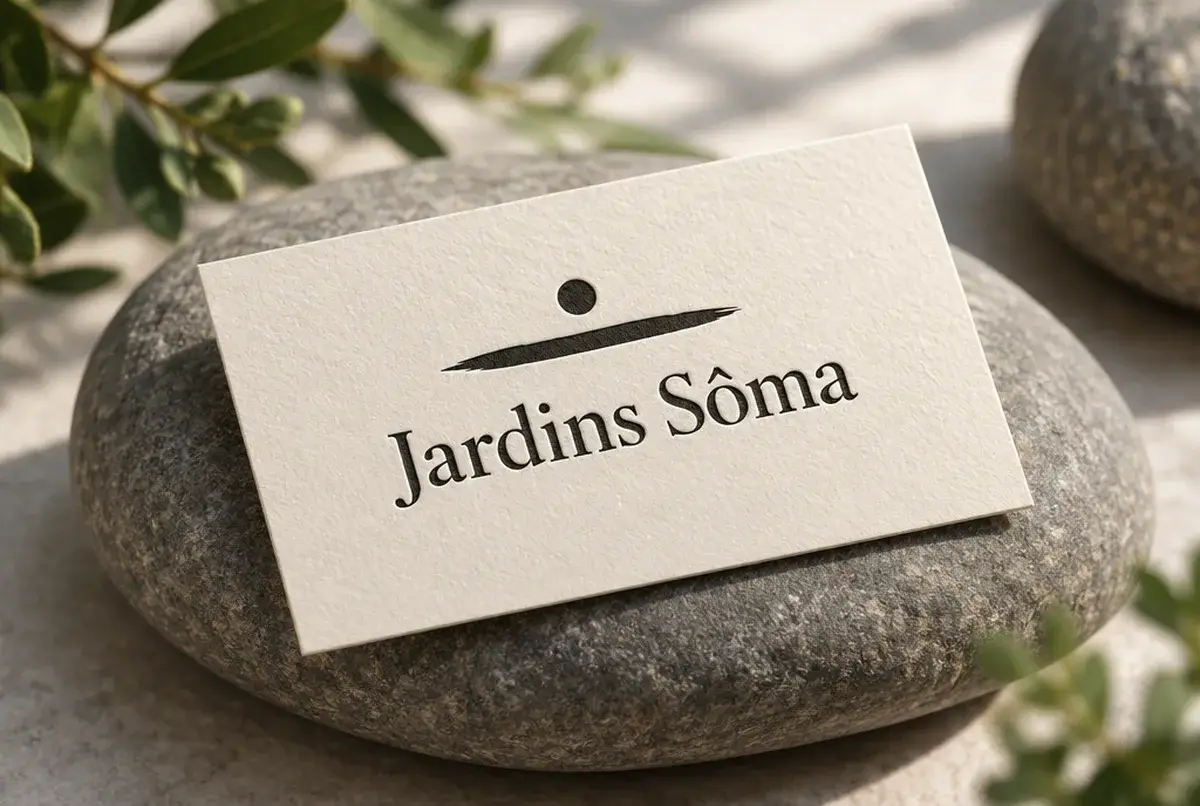 Logo de paysagiste pour créateur de jardins contemplatifs, maisons avec vue, sur carte de visite épaisse