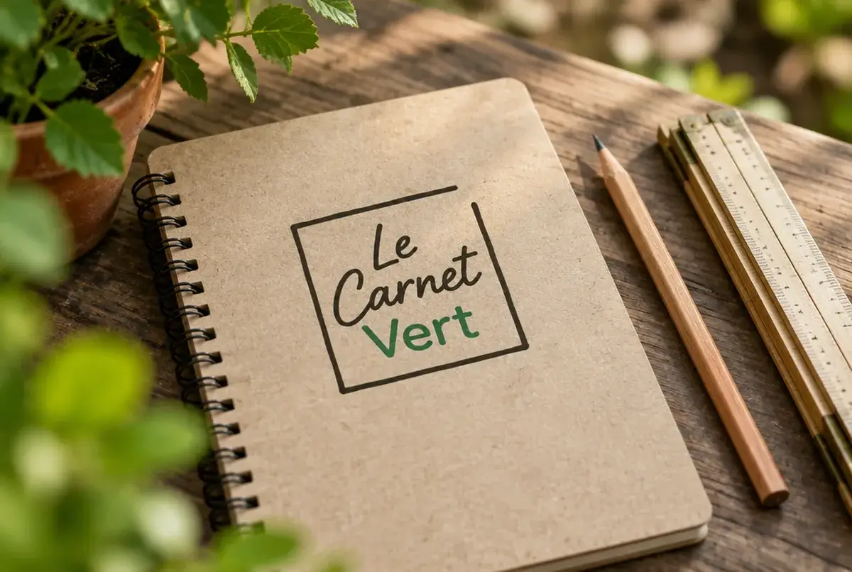 Logo de paysagiste pour concepteur qui dessine à la main, sur carnet de devis