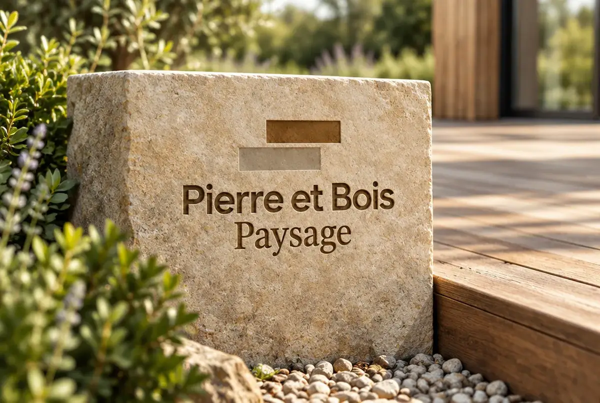 Logo de paysagiste pour spécialiste terrasses et aménagements durables, sur panneau de chantier