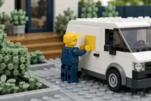 Paysagiste en briques posant un emblème sur la portière de son camion