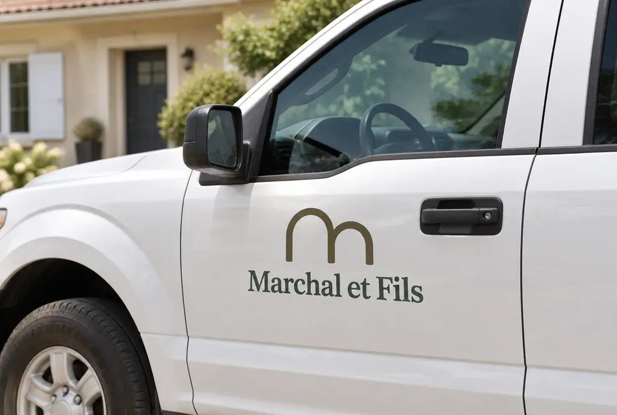 Logo de peintre en bâtiment pour entreprise familiale de père en fils, sur fourgon
