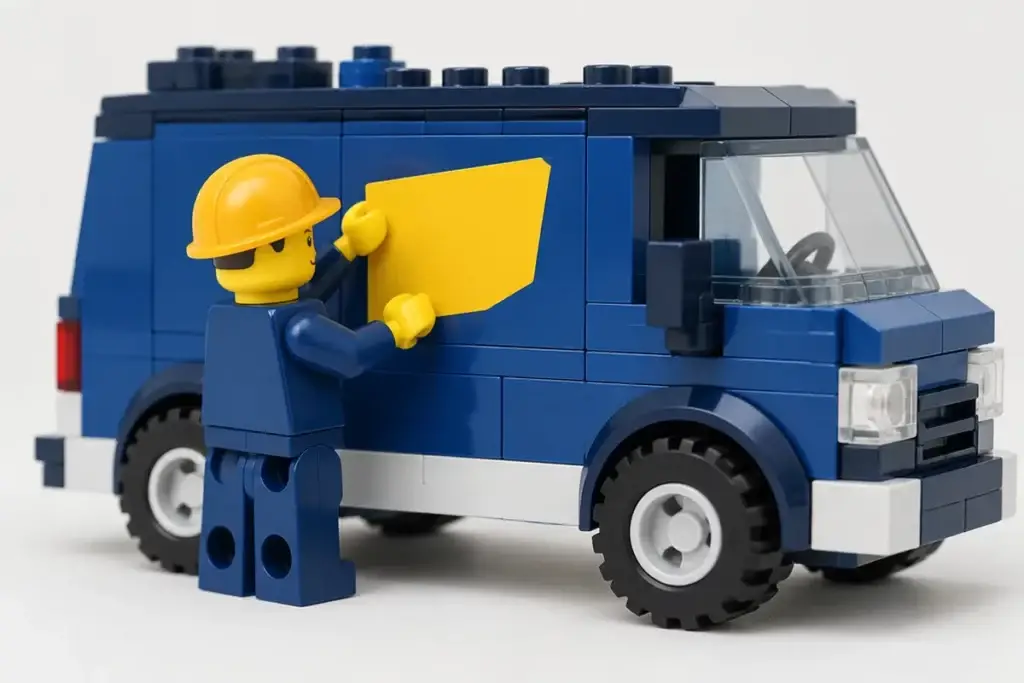 Plombier en briques posant un logo sur son camion