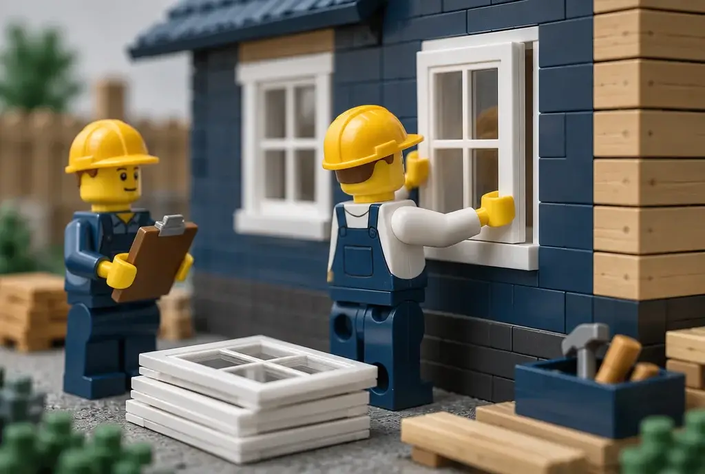 Menuisier en briques posant une fenêtre neuve sur une maison