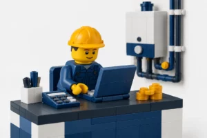 Chauffagiste en briques devant un ordinateur et une calculatrice