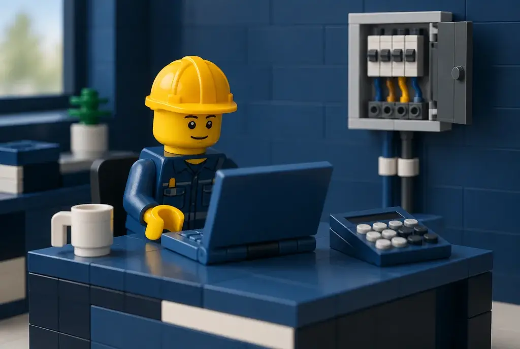 Électricien en briques devant un ordinateur et une calculatrice