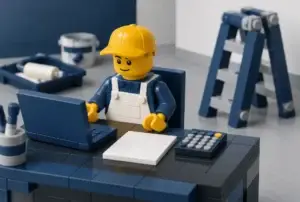 Peintre en briques devant un ordinateur et une calculatrice