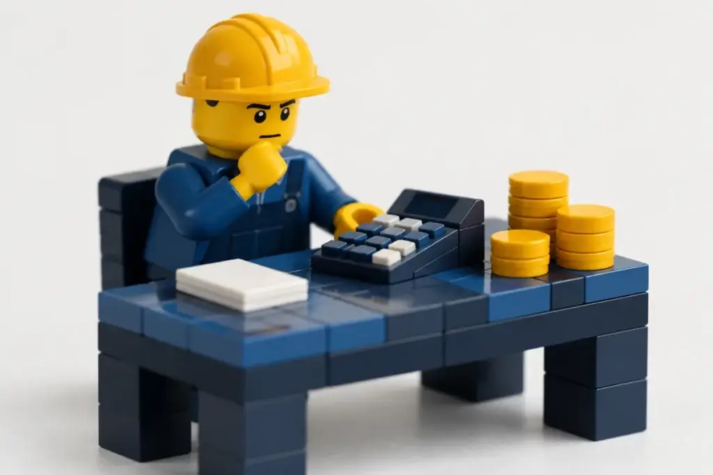 Plombier en briques calculant le budget de son site