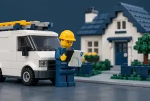 Électricien en briques consultant une carte sur son téléphone devant son camion