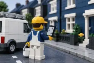 Peintre en briques consultant une carte sur son téléphone devant son camion