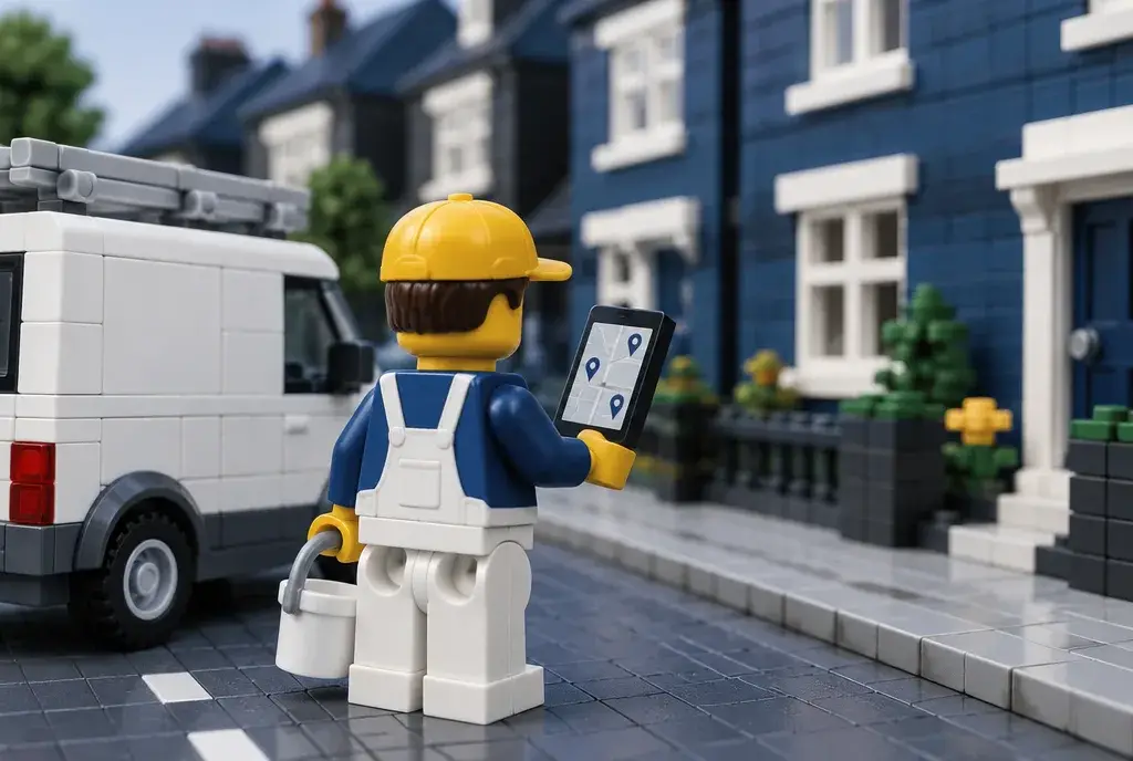 Peintre en briques consultant une carte sur son téléphone devant son camion