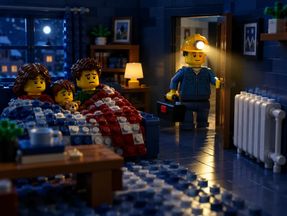 Famille sous des couvertures près d'un radiateur froid, le chauffagiste arrive, scène en briques Lego
