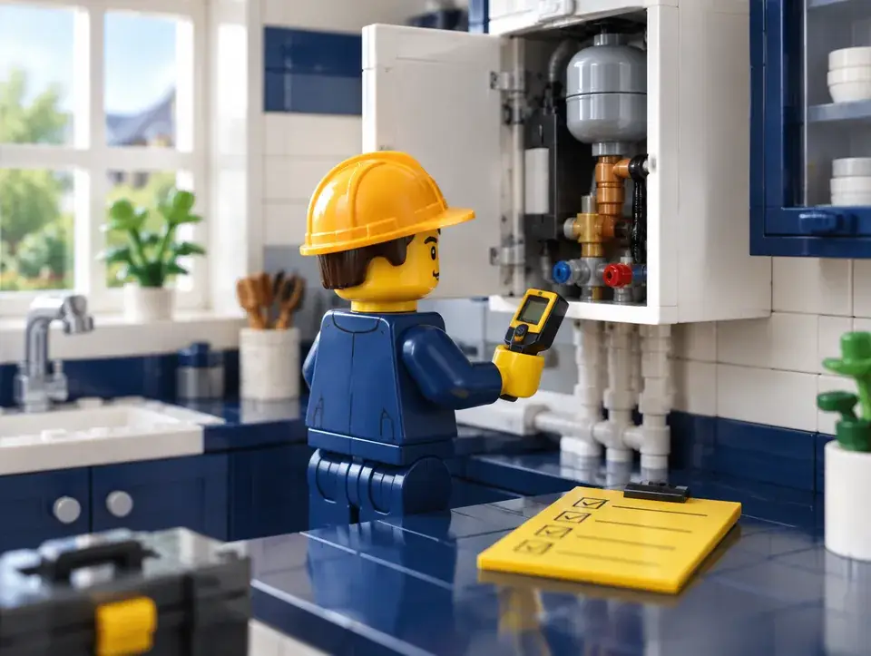 Chauffagiste qui entretient une chaudière murale, scène en briques Lego