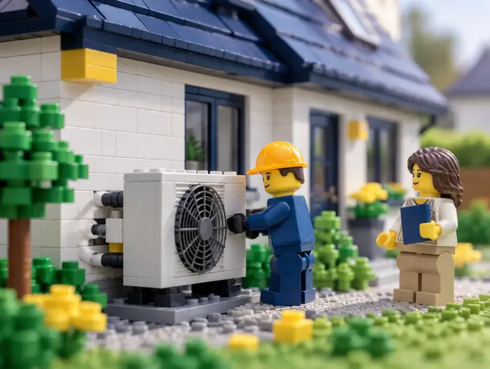 Chauffagiste qui installe une pompe à chaleur, scène en briques Lego