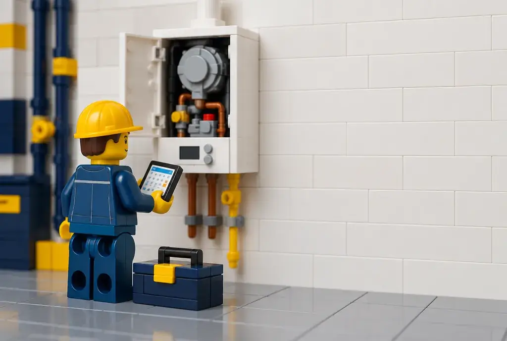 Chauffagiste devant une chaudière ouverte, tablette en main, scène en briques Lego