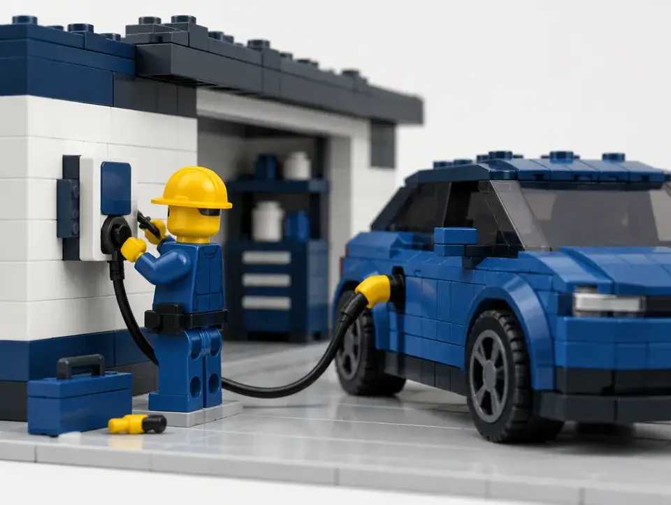 Électricien en briques installant une borne de recharge dans un garage