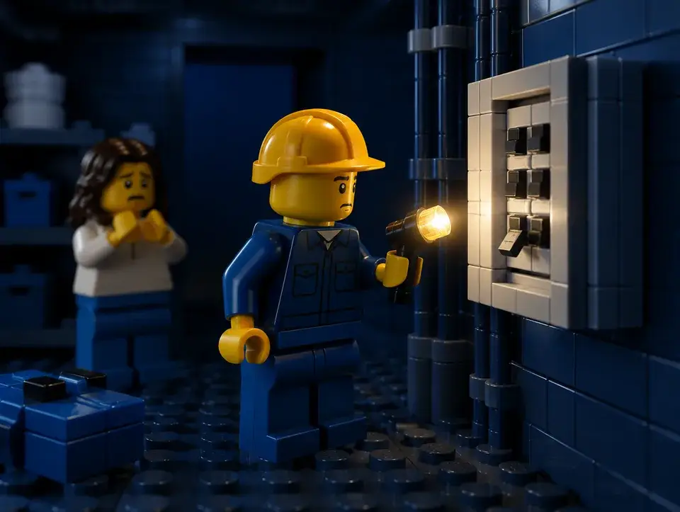 Électricien en briques avec une lampe torche devant un tableau qui a disjoncté