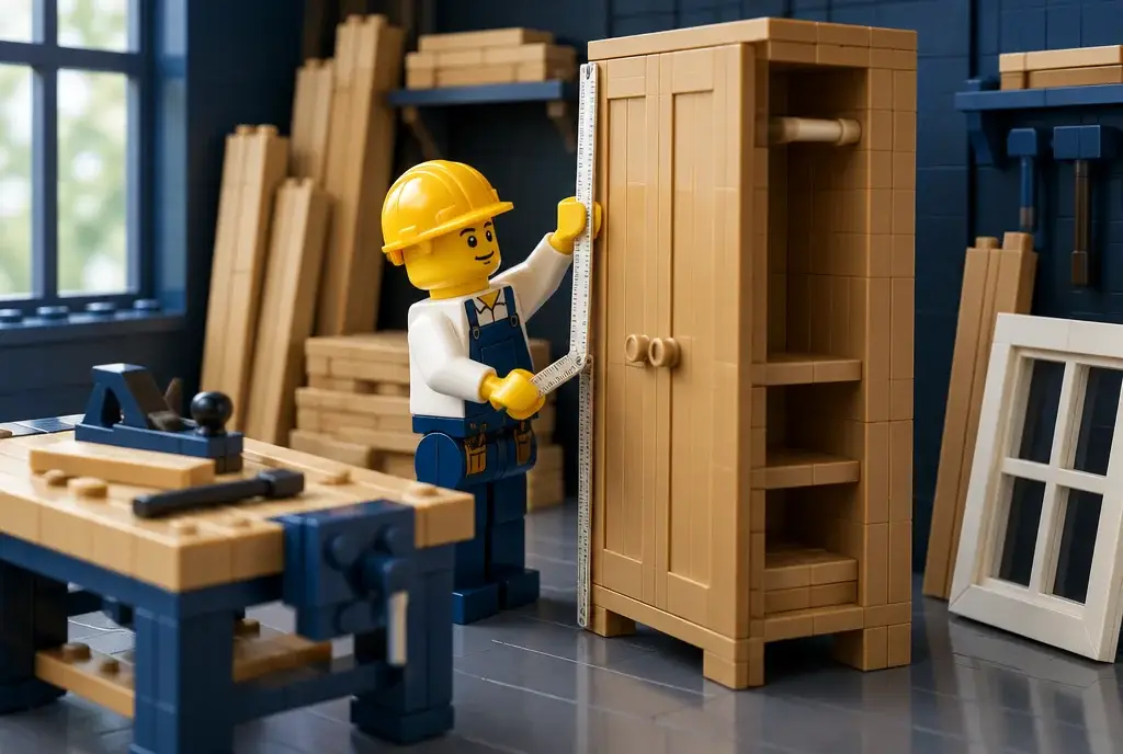 Menuisier en briques mesurant une armoire dans son atelier