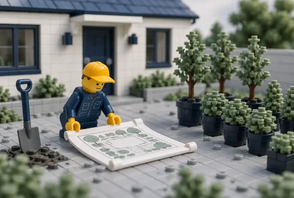 Paysagiste en briques déroulant le plan d'un jardin sur un terrain nu