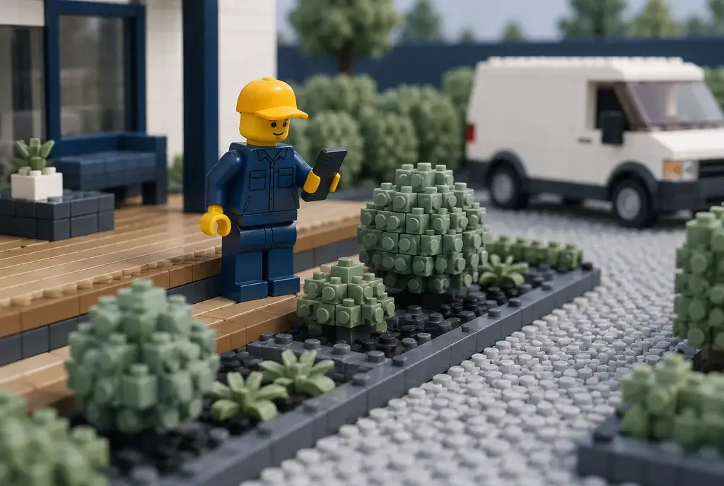 Paysagiste en briques dans un jardin terminé, terrasse et haies taillées