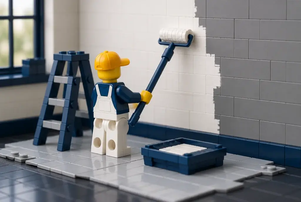 Peintre en briques au rouleau devant un mur à moitié repeint