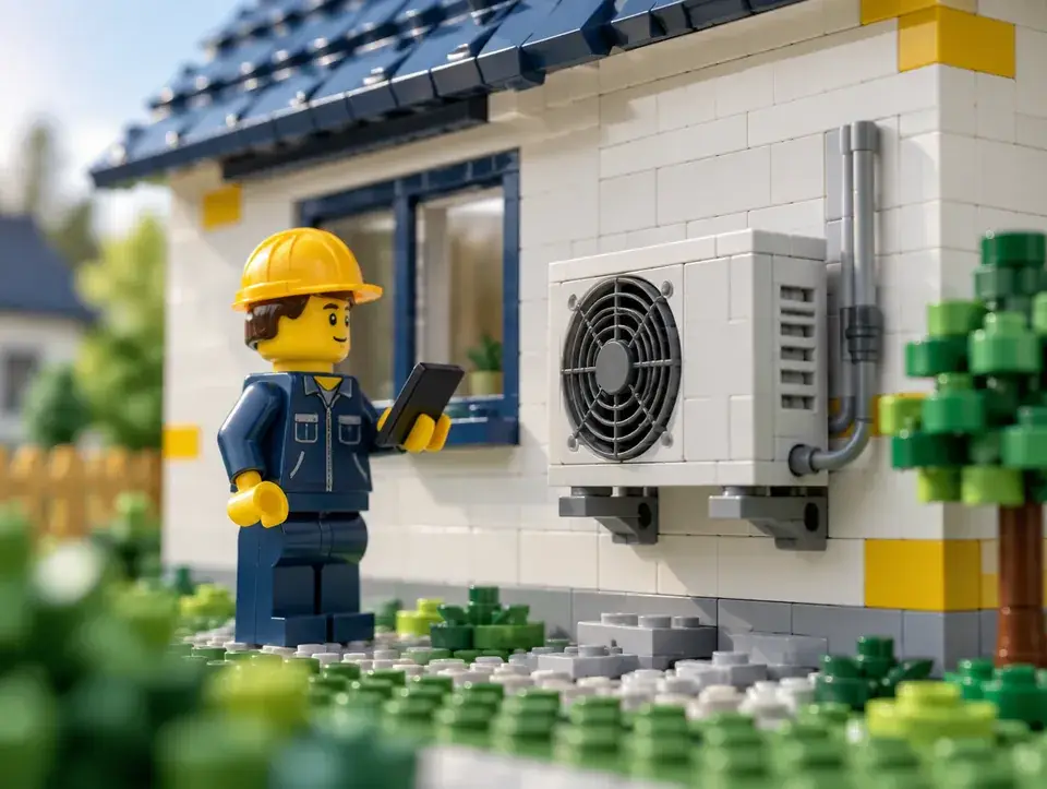 Chauffagiste devant une pompe à chaleur, scène en briques Lego