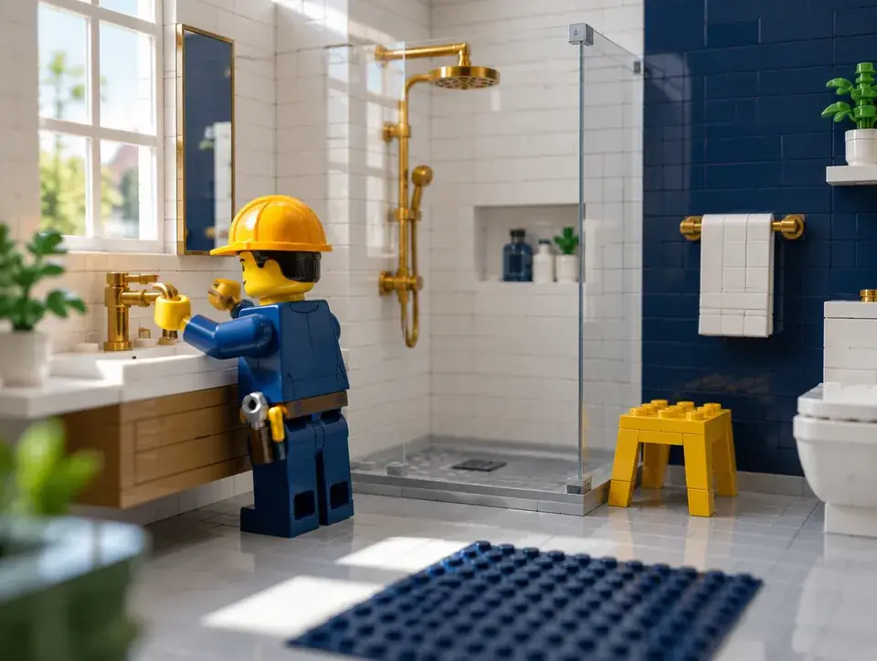 Plombier qui pose une salle de bain avec douche à l'italienne, scène en briques Lego