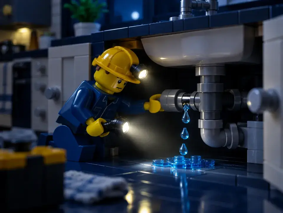 Plombier qui répare une fuite sous un évier la nuit, scène en briques Lego
